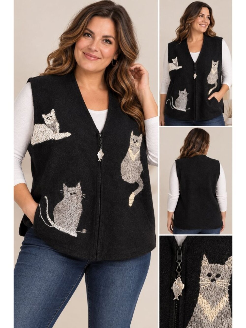 Vintage Coldwater Creek black boiled wool vest charming embroidered cat unique